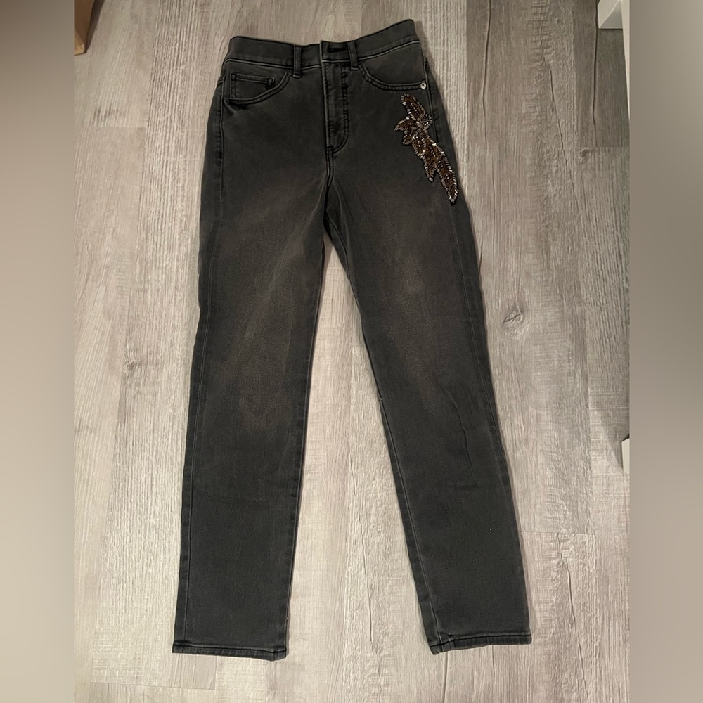 Express size 0R barely worn grey straight slim jeans with embellishment